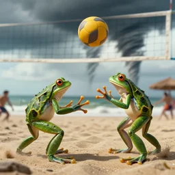 frogs playing beach volleyball tornado, highly detailed, extremely high quality, hd, 4 k, 8 k, professional photographer, 4 0 mp, lifelike, top - rated, award winning, cinematic, realistic, detailed lighting, detailed shadows, sharp, no blur, edited, corrected, trending