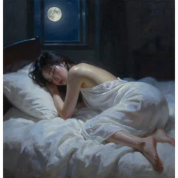 nighttime!!! oil painting of a restless beautiful young woman sweating!!! in her bed, a dark!!! room lit only by moonlight through a dark window, white sheets and white nightgown, backlit glow, beautiful, insomnia, art by sam yang