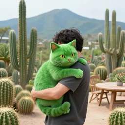 a green cat hugging a guy, alot of cactus, mountain, chair, table, 4k