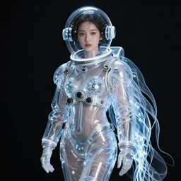 beautiful woman in a jellyfish inspired translucent spacesuit