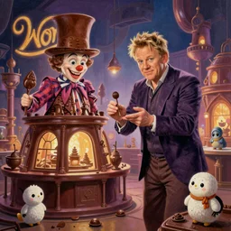 A mixed media painting of gordon ramsay inspecting willy-wonka\'s chocolate factory on kitchen nightmares, by Frank Frazetta, Greg Rutkowski, Beeple, Studio Ghibli, kawaii, post-processing, low angle, masterpiece, cinematic, isometric, volumetric lighting