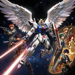 highly detailed vfx portrait of an angelic wings gundam with wings of feathers beam saber fighting in space with a beam gun, unreal engine, greg rutkowski, loish, rhads, beeple, makoto shinkai and lois van baarle, ilya kuvshinov, rossdraws, tom bagshaw, alphonse mucha, global illumination, detailed and intricate environment