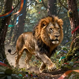 lion running through the forest, surrounded by colorful ribbons and party confetti , concept art, huge scale, high detail, sci fi by Pablo Picasso