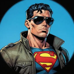 hyper detailed comic illustration of a cyberpunksuperman wearing a futuristic sunglasses and a gorpcore jacket, markings on his face, by Android Jones intricate details, vibrant, solid background, low angle fish eye lens