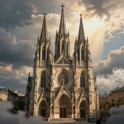 view from the front of a gothic church, cinematic, wide angle, art by moebius, artstation trending, gorgeous clouds, god rays, fantasy art, octane render, ureal engine, concept art, hyperdetailed.