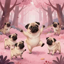 adorable pugs we're going to dance and have some fun in a pink forest, detailed illustration painted by james jean and fernando botero