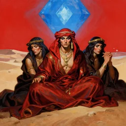 Silk sheet desert baleful covenant Bedouin under crimson azure diamond sky, in the style of Frank Frazetta, Jeff Easley, Caravaggio, extremely clear faces coherent, clear lines, 8K revolution