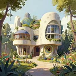 a photo of a concept architecture art house solarpunk in the garden, style brutalism, extremely detailed, sharp focus, wide view, smooth, digital illustration, colorfull, by alphonse mucha