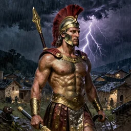 detailed background, spartan king leonidas, old village, night, a dark thunderstorm, lightning, rain, highly detailed, high quality, digital painting, by gaston bussiere, j. c. leyendecker, craig mullins