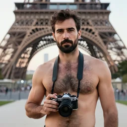 shirtless man with big hairy black chest hair and a film camera in hand standing in front of the eiffel tower early in the morning while looking at the camera, photorealistic, 4 k, good composition, detailed, smooth, aesthetic,