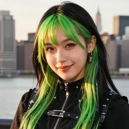 close up portrait photo of a very beautiful young Chinese female model wearing cybergothic clothing, black hair with bright green streaks of hair, smiling coyly, golden hour in Manhattan, professional award winning portrait photography, Zeiss 150mm f/2.8 Hasselblad