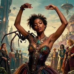 realistic detailed closeup portrait movie shot of a beautiful black woman dancing with a giant spider, futuristic sci fi landscape background by denis villeneuve, jean deville, yves tanguy, ernst haeckel, alphonse mucha, max ernst, caravaggio, roger dean, sci fi necklace, fashion, masterpiece, rich moody colours