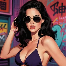 closeup portrait of film noir angry megan fox in a bikini wearing ray ban sunglasses, china town blade runner, glamour pose, detailed illustration, digital art, trending on artstation, arney freytag, film noir, alberto vargas, patrick nagel, graffiti, sin city,