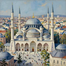a beautiful painting of islamic architecture, crowded people city landscape, zaha hadid, louis kahn, fantasy, futuristic, by yves tanguy, trending on artstation, unreal engine
