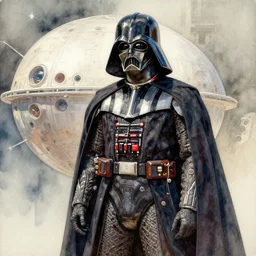 a beautifull intricate watercolour painting of a darth wader in a death star, reflexions, verry high details by william turner art, greg rutkowski and alphonse mucha, trending on artstation, very very detailed, masterpiece, muted colors
