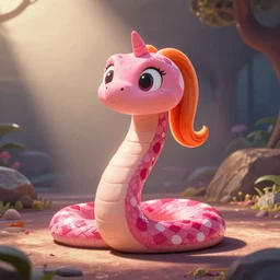 cartoon still of a pink polka dotted snake with an orange ponytail