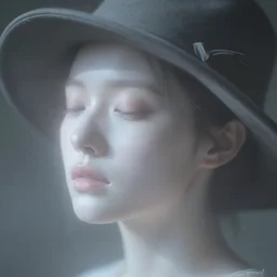 out of focus photorealistic portrait of a beautiful pale young woman by sarah moon, small nose, very blurry, translucent white skin, closed eyes, foggy, closeup, with a weird hat