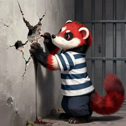 an anthropomorphic red - and - black weasel - ferret - stoat fursona / furry ( from the furry fandom ) dressed in prisoner's regalia, scratching and chiseling on a prison cell wall creating cracks and impressions, paint flows through the nooks and crannies, art style : redwall noir