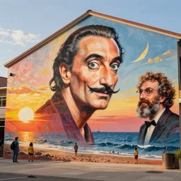 People in beach by Salvador Dali and Bob Ross collaboration, mural, sun set, digital art, high details