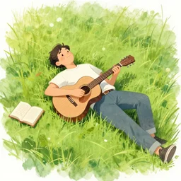 a sketch of a man laying in grass, with a guitar in the grass next to him, and a book in the grass next to him