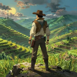 cyberpunk afghan cowboy outrider standing atop a ridge, viewing rolling hills covered in rice terraces. c. leyendecker, simon stalenhag, studio ghibli, barlowe, audobon and beksinski