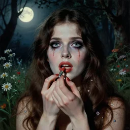 a beautiful but sinister and creepy woman in layers of fear, with haunted eyes, violence in her eyes, putting on lipgloss, 1 9 7 0 s, seventies, delicate embellishments, a little blood, woodland, moonlight shining on wildflowers, painterly, offset printing technique, by alexandre cabanel, mary jane ansell