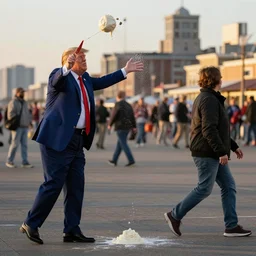 donald trump throwing pudding onto passerby, golden hour, boardwalk