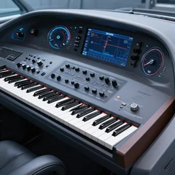 korg synthesizer built into a spaceship dashboard, modern sleek design, 4k photograph, 2024 magazine