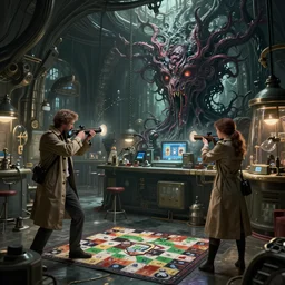 lovecraftian laboratory interior, grim lighting, one male and ine female investigators in trenchcoats aiming at unspeakable monstrosity, artstation, deviantart, trending, arkham horror boardgame art, wallpaper