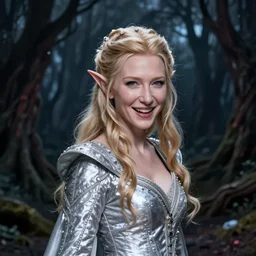 portrait of dangerous, playful, mischievous!  young Galadriel (Cate Blanchett) as a queen of elves, dressed in a refined silvery! costume. The background is a dark, chilling eastern europen forrest.  night, horroristic shadows, higher contrasts, (((lumnious))), theatrical, character concept art by ruan jia, thomas kinkade, and J.Dickenson, trending on Pinterest