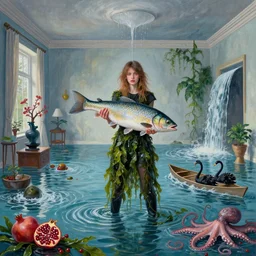 tall emo female artist holding a large fish in her flooded apartment, seaweed, pomegranates, octopus, water gushing from ceiling, painting of flood inside an artist's apartment, a river flooding indoors, ikebana, zen, rapids, waterfall, black swans, canoe, berries, acrylic on canvas, surrealist, by magritte and monet