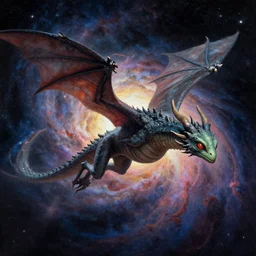 an alien dragon flying through outer space, epic nebula, style of philippe druillet matte illustration