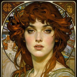realistic detailed face portrait of Mia Farrow by Alphonse Mucha, Ayami Kojima, Amano, Charlie Bowater, Karol Bak, Greg Hildebrandt, Jean Delville, and Mark Brooks, Art Nouveau, Neo-Gothic, gothic, portrait of Mia Farrow, rich deep moody colors