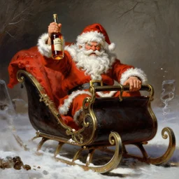 drunken furious berserker santa claus gnome brandishing a bottle of rum sitting in his sleigh frank frazetta newell convers wyeth winslow homer craig j. spearing thomas eakins