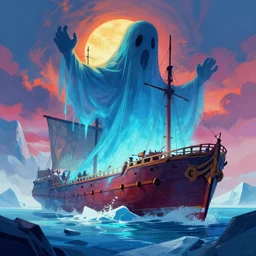 concept art by jama jurabaev, cel shaded, cinematic shot, trending on artstation, high quality, brush stroke, vibrant colors, a mysterious giant ghost ship trapped in the glacier