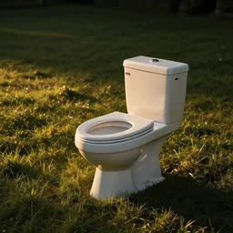 a toilet on an open grass field, photography, 8 k, high - resolution, cinematic, dramatic lightning, golden hour