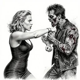 symmetrical scarlett johansson, punching zombie in the face by david finch, black and white, pencil and ink