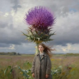 a portrait, enormous thistle flower head, a girl wearing coat in field, surreal photography, wind, cloudy sky, dramatic light, impressionist painting, digital painting, artstation, simon stalenhag