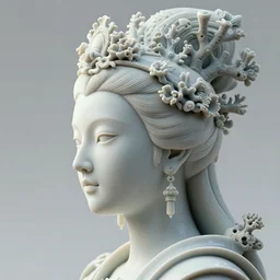 complex 3 d render, hyper detailed, ultrasharp, beautiful biomechanical queen portrait with a porcelain profile face, natural soft rim light, headdress made of corals, daisies, colorful vapor, jellyfish, puffballs, white red fabric, cyberpunk metallic brackets, ferra white mecha, alexander mcqueen, octane highly render, 4 k, ultra hd