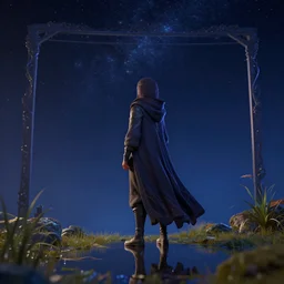 a fantasy cloaked character is looking at the starry sky. trending on artstation. octane blender 3 dsmax render. nvidia demo. amd demo. graphics. raytracing. reflection. harsh lighting. aesthetic. inventive. artful colors. inventive framing. creative subject positions. gorgeous lighting. intriguing scenery. fascinating scenario.