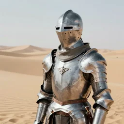 a knight wearing silver plate armor, in the desert, arriflex 35, film still, cinematic composition