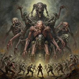 oil paint of 1 1 horrifying machines as flayed gods in tiers, colossal medical gangrene machines in tiers, dethroning / we machines / melee, battle pit, by shigeru komatsuzaki, wayne d barlowe, stefano tamburini, ember light, muted colors, epic, hyper detailed, awe inspiring, award winning horror, narrative lighting, hyper realism, cinematic