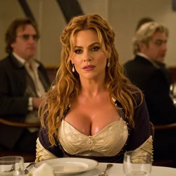 movie still of a sofia vergara with a very big sweaty bust sitting at a table, titanic ship interior, directed by Quintin Tarantino
