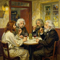 a hand drawn painting of jesus christ, albert einstein, charles darwin, they are meeting together in a after small comfy cozy empty pub that is filled with wine, a door and a window, they are all meeting on a tabletop, smoking weed and drinking wine, photorealism, hyperdetailed, volumetric lightening, octane render, award winning, by alphonse mucha, dalle 2 composition as a reference