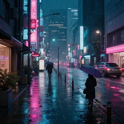 cozy soft neon street with in a cyberpunk city on a rainy melancholy tokyo night in 1 9 9 6 by de chirico