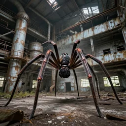 a giant spider in an abandoned industrial complex, intricate details, cinematic, wide angle