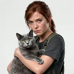 Ellie from the Last of Us holding a British blue shorthair cat in her arms, digital portrait by Greg Rutkowski, intricate, sharp focus, cinematic, epic, artstation