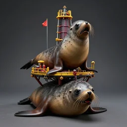a toxic oil rig mounted on the head of a anguished south american fur seal, by hikari shimoda, artgerm, ambient lighting, highly detailed, diorama model, zoom out, sharp focus