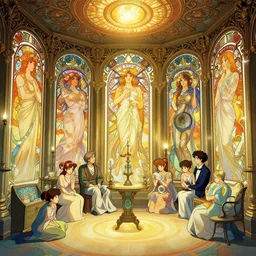 an art nouveau decorated alchemy room, magical, bright, colorful, fantastic lighting, amazing details, 4 k uhd, illustration by alphonse mucha and hayao miyazaki and makoto shinkai and ilya kuvshinov,