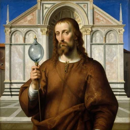 portrait of an alchemist with glass outside of renaissance marble basilica. painting by paolo ucello, giorgio de chirico